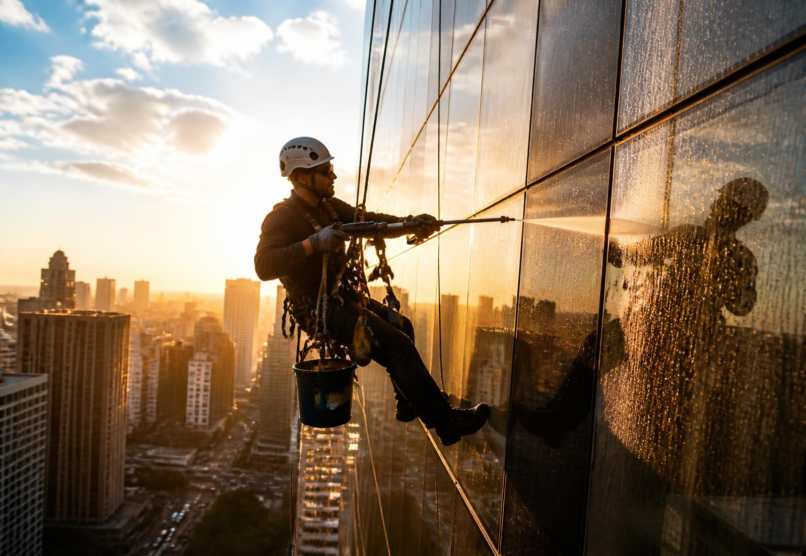 Técnico de alpinismo industrial fazendo limpeza de fachada de vidro em São Paulo